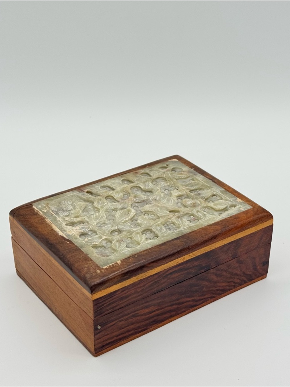 Carved Soapstone and Wood Indian Trinket or Keepsake Box Handmade Stone